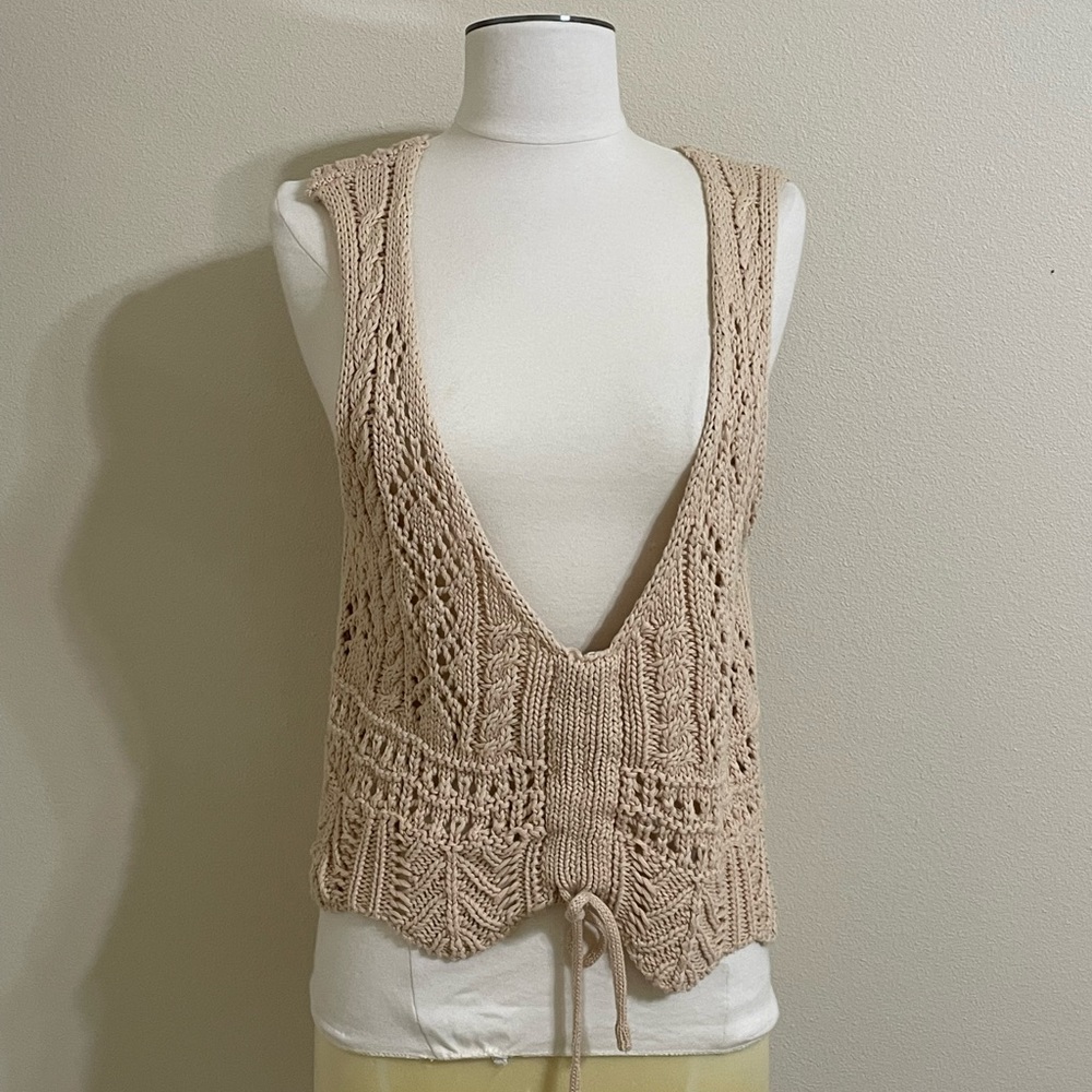 New JUNIPER BLU Womens Tan Deep V-Front Ruched Crochet Sweater Size Large - Picture 5 of 10